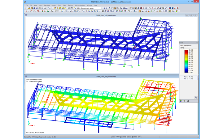 Model of Food Court Roof in RFEM with Deformation Results (© Helika a.s.)