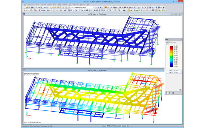 Model of Food Court Roof in RFEM with Deformation Results (© Helika a.s.)