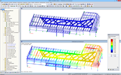Model of the food court roof in RFEM with deformation results (© Obermeyer a.s.)
