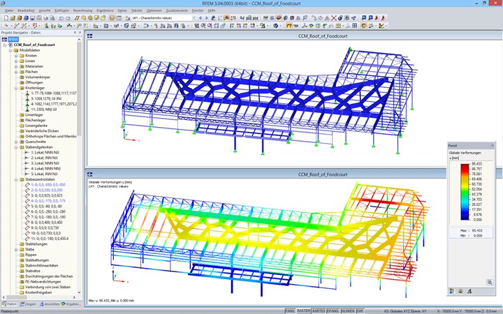 Model of the food court roof in RFEM with deformation results (© Obermeyer a.s.)