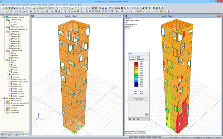 Model of Outer Tower and Design Results of RF-LAMINATE in RFEM (© Wirth)
