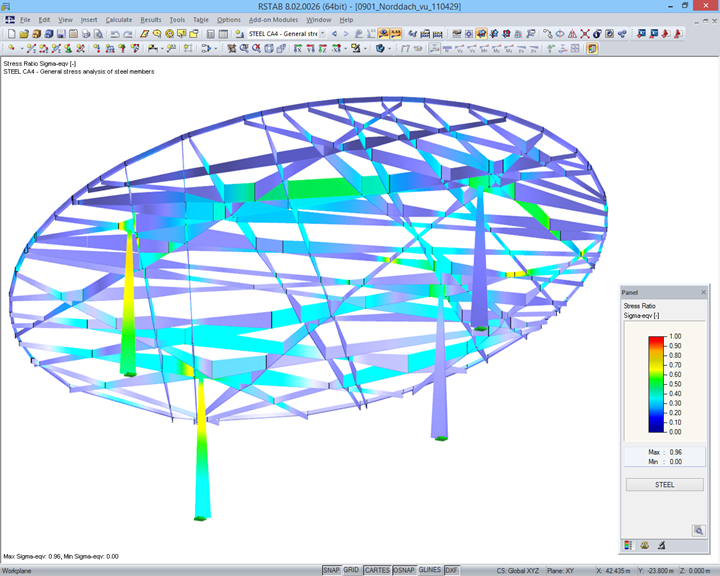 Steel Stress Analysis of North Roof in RSTAB (© Bollinger + Grohmann)