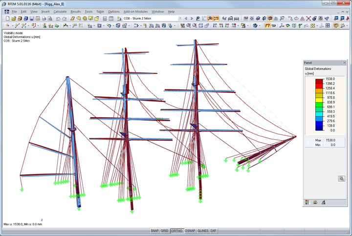 Rigging Deformation in Case of Storm of 54 Knots (~ 62 mph) in RFEM (© Wollert)