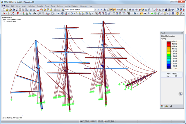 Rigging Deformation in Case of Storm of 54 Knots (~ 62 mph) in RFEM (© Wollert)