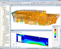 3D Overall Model (Top) and Design Internal Forces of Cross-Laminated Timber Wall (Bottom) in RFEM (© Schrentewein & Partner)