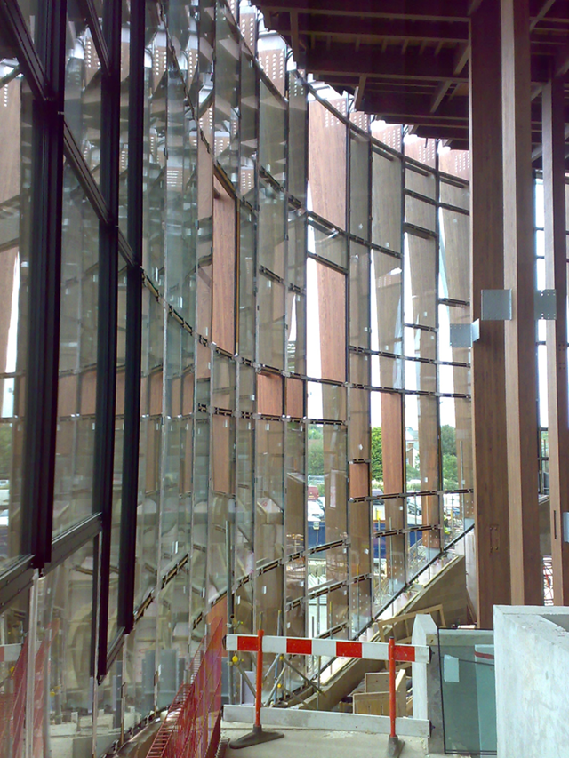 Interior View of Reversed Timber-Glass Facade (© Finnforest)