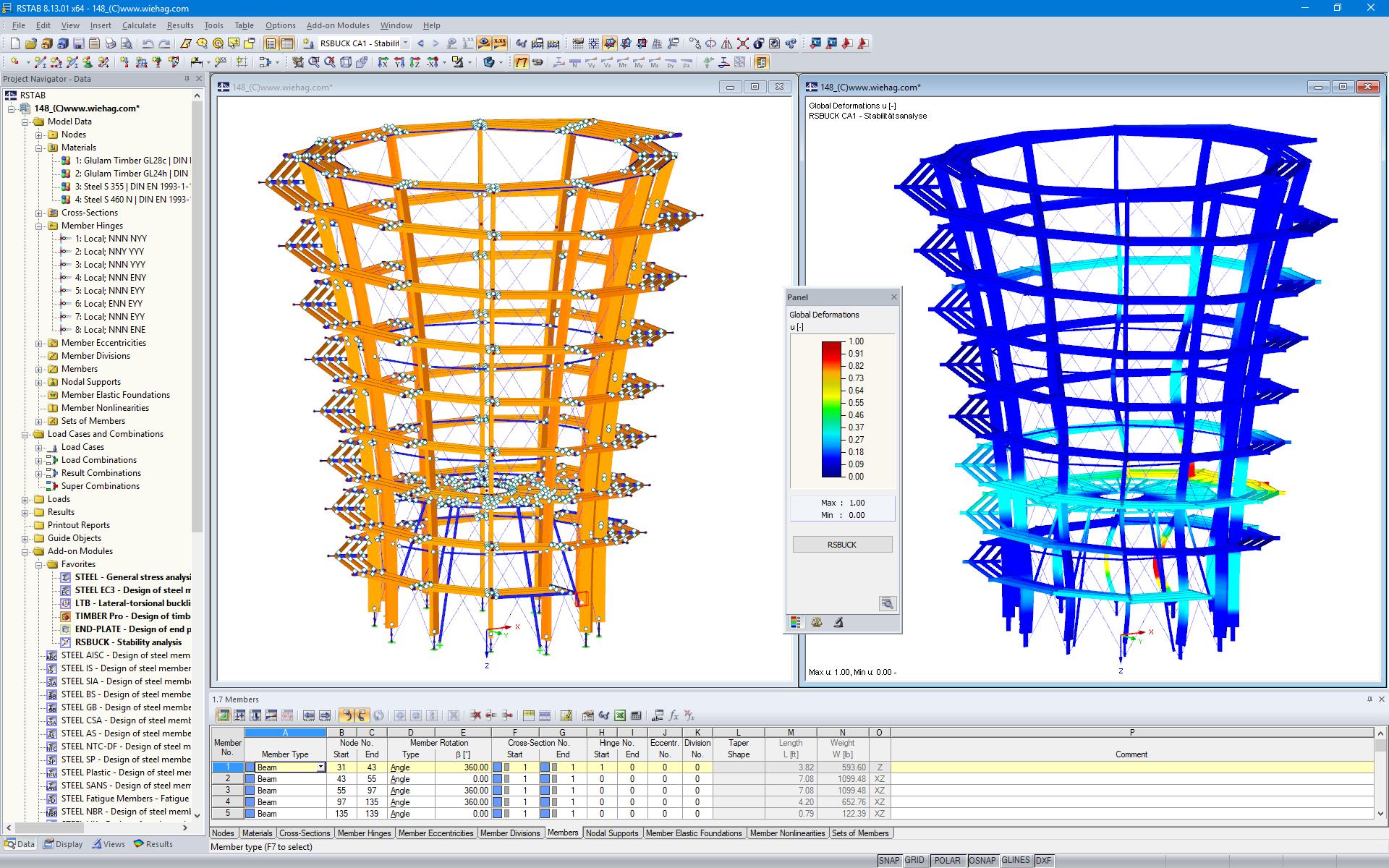 3D Model and Buckling Shape of Lookout Tower in RSTAB (© WIEHAG GmbH)
