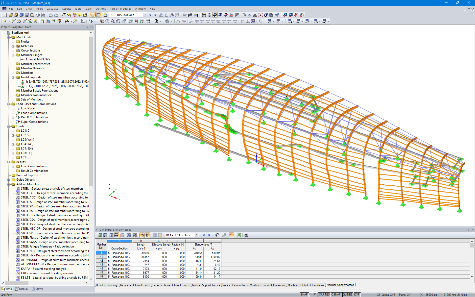 RSTAB Model of TD Place Stadium Timber Cladding Located in Ottawa, Canada (© Moses Structural Engineers Inc.)