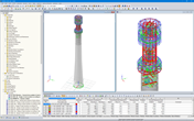 Tower Model in RFEM (Entire Tower on Left, Detail of Steel Part on Right) (© Allcons s.r.o.)