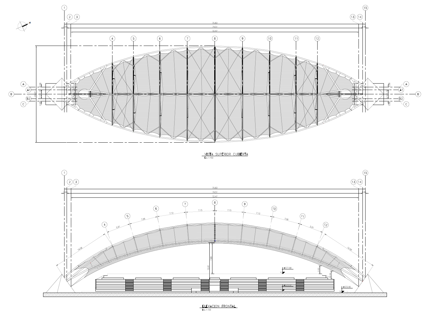 Drawing Section with Top View (Top) and Section Through Roof (Bottom, © FHS Ingeniería Estructural Ltda.)