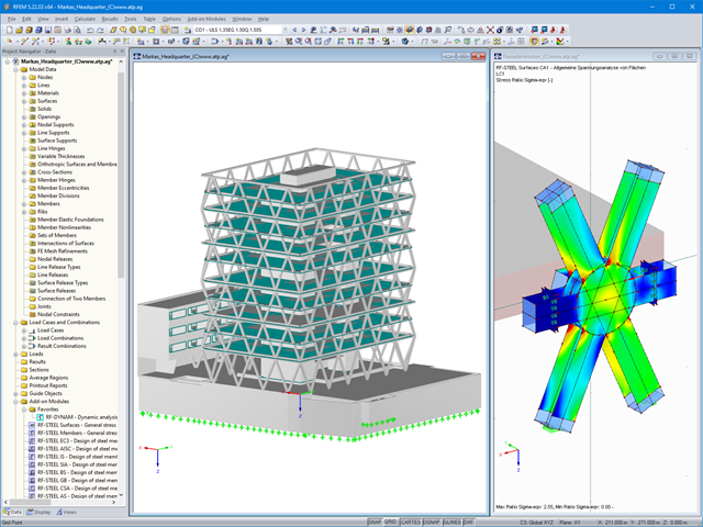 Entire 3D Model of Markas Headquarters (Left) and Truss Connection Stress Analysis in RFEM (Right, © ATP)