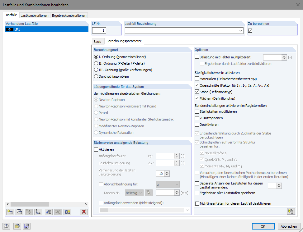 Dialog Box with Calculation Parameters of Load Case