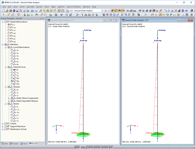 Bending Moments According to First-Order  Analysis (Left) and Second-Order Analysis (Right)