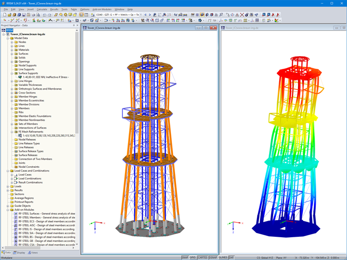 Lookout Tower Model (Left) and Deformation Image (Right) in RFEM (© Ingenieurbüro Braun GmbH & Co. KG)