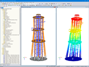 Lookout Tower Model (Left) and Deformation Image (Right) in RFEM (© Ingenieurbüro Braun GmbH & Co. KG)