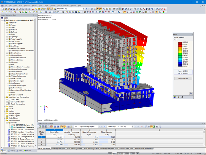 1st Apartment High-Rise Building Mode Shape Calculated in RFEM's RF-DYNAM Pro - Natural Vibrations (© bauart Konstruktions GmbH & Co. KG)