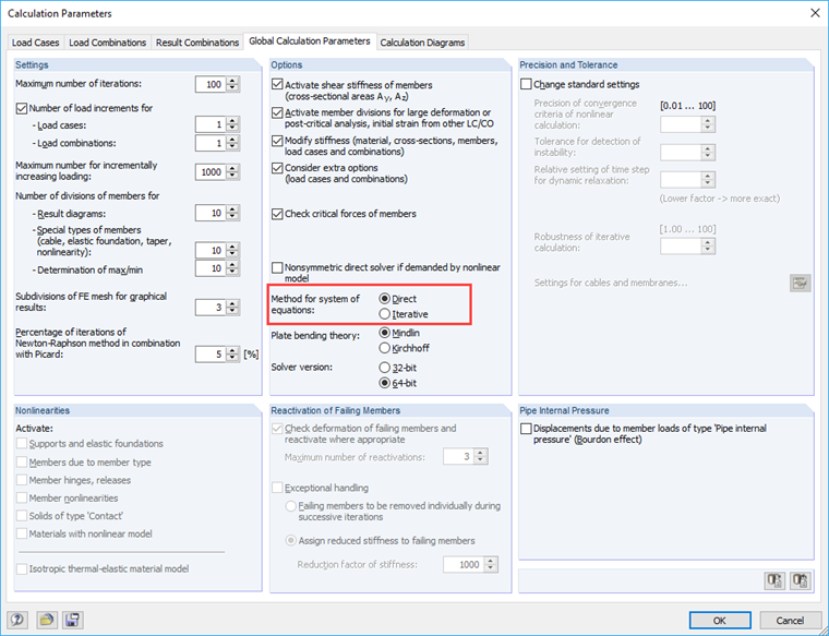 Matrix Solver Method in Dialog Box "Calculation Parameters"