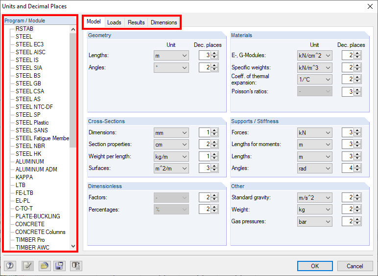 Dialog Box Units and Decimal Places