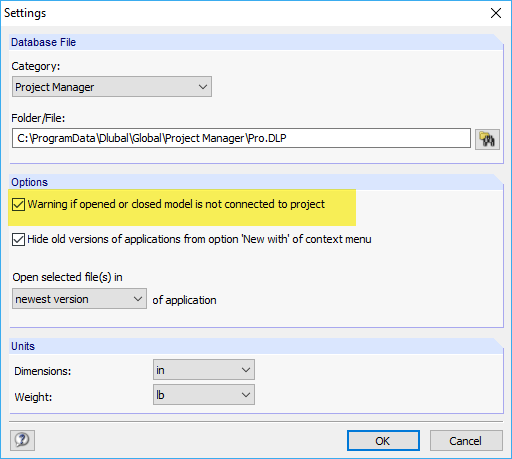 Project Manager Dialog Box "Program Options"