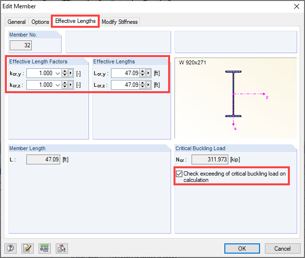 Dialog Box "Edit Member": Effective Lengths