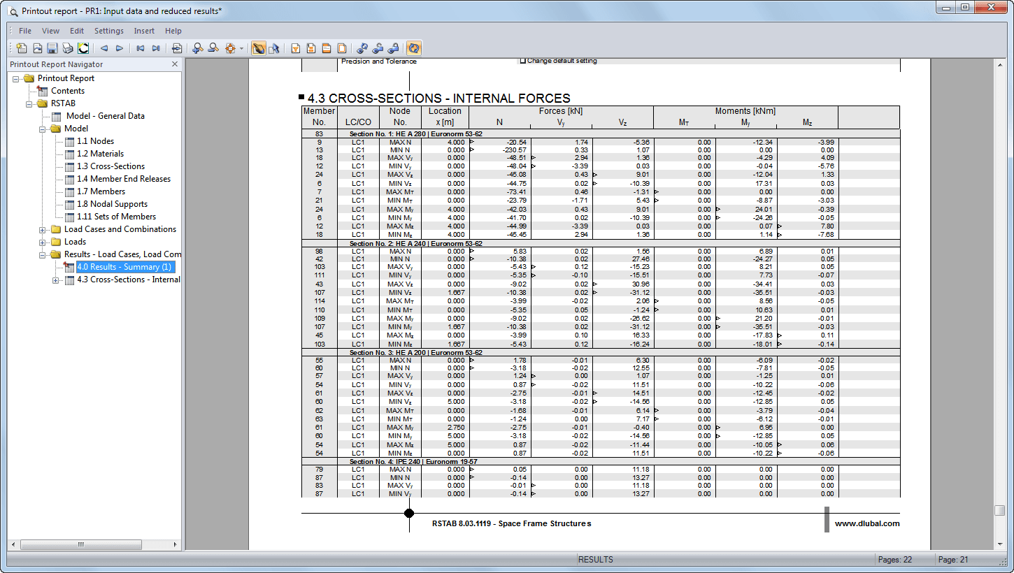 Marking of Extreme Internal Forces in Printout Report
