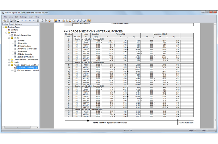 Marking of Extreme Internal Forces in Printout Report