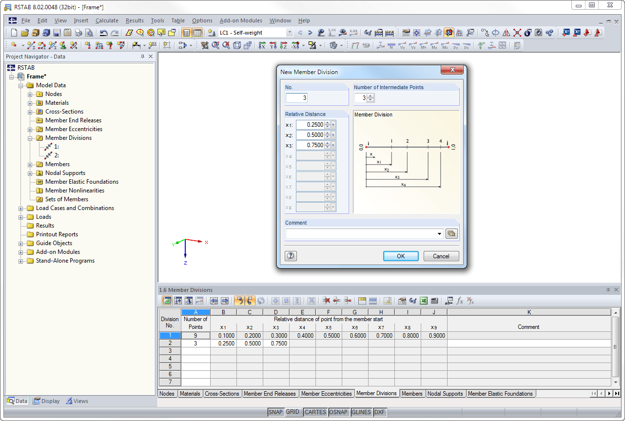Member Divisions in Dialog Box and Table