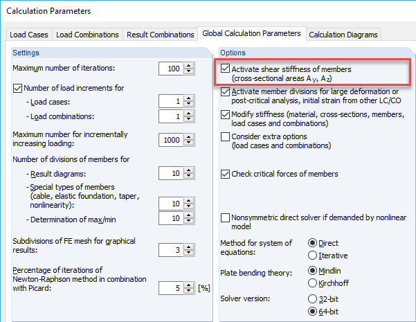 Dialog Box "Calculation Parameters" Shear Stiffness of Members