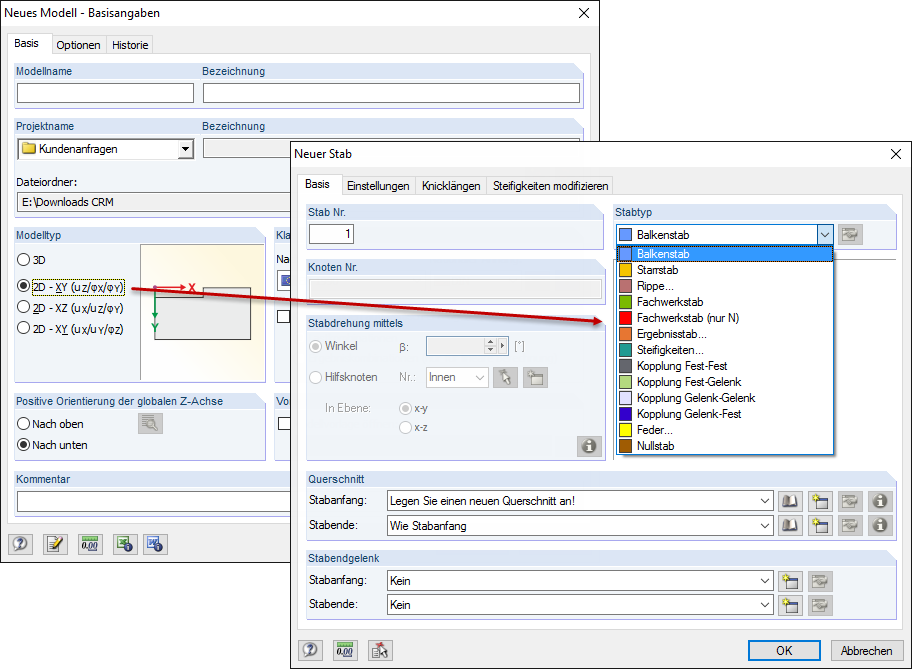 Display of the selection options in a 2D structural system with plate action, where failing members are deactivated.