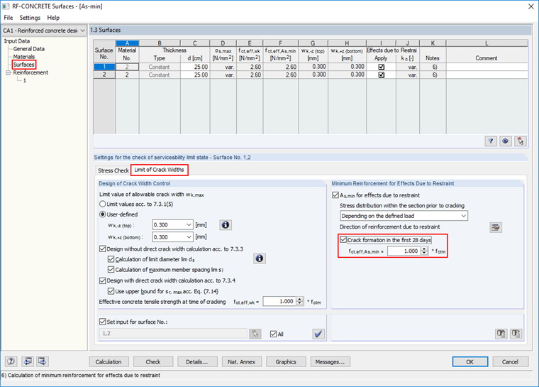 Settings for Limit of Crack Width