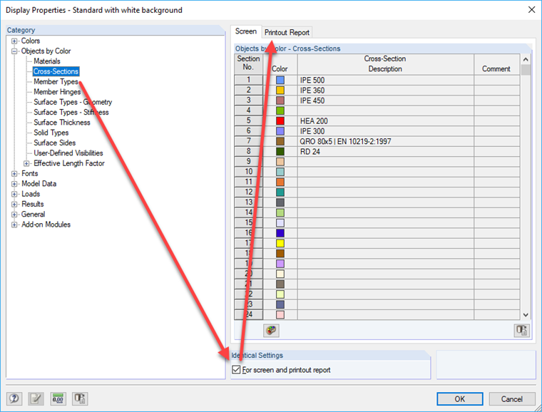 Dialog Box "Display Properties" with Category "Objects by Color"