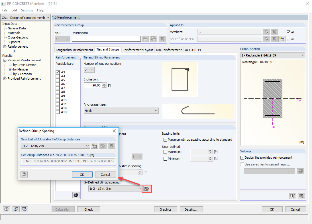 Button and Dialog Box "Defined Stirrup Spacing"