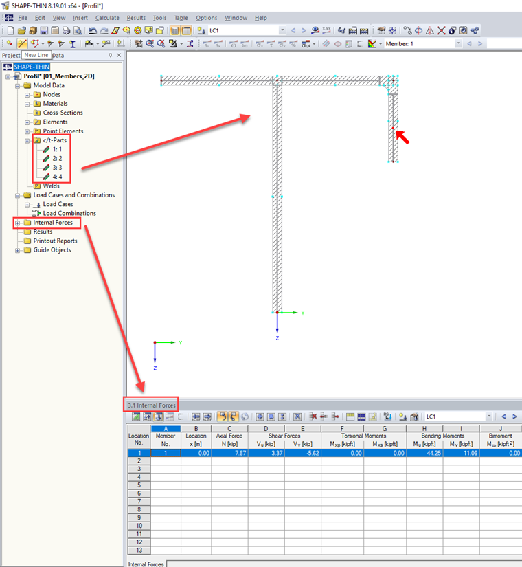 Internal Forces and c/t Parts for Effective Cross-Section Properties