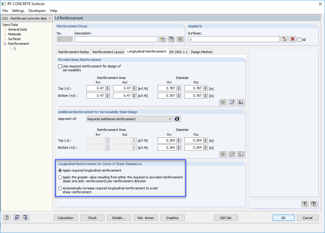 Required Longitudinal Reinforcement Options for Shear Force Design