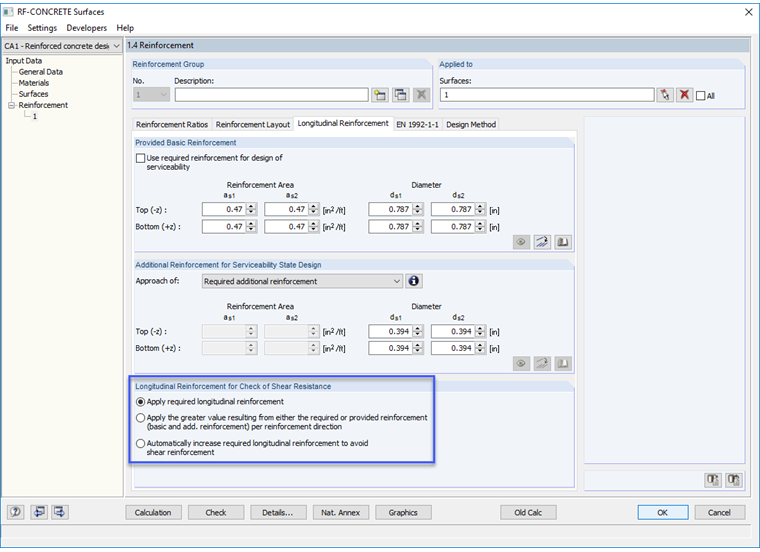 Required Longitudinal Reinforcement Options for Shear Force Design