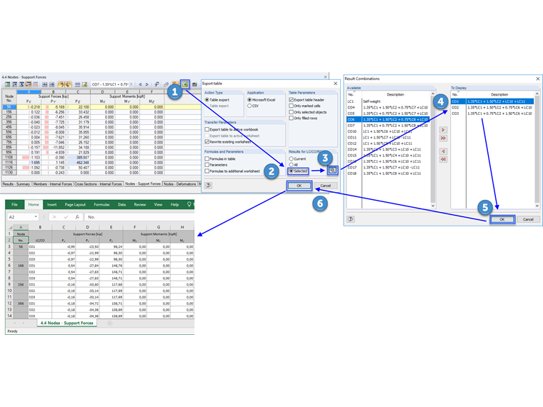 Exporting Nodal Support Forces of Selected LC/CO/RC to Excel