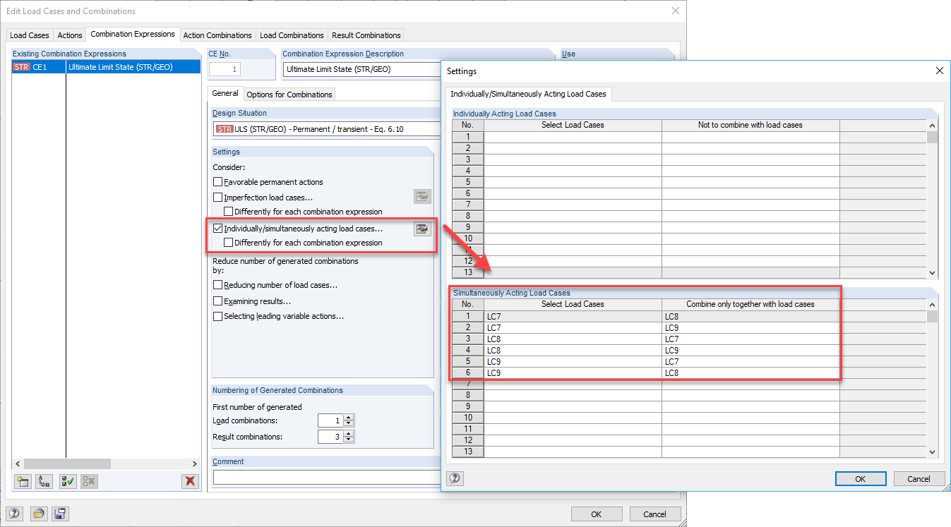 Individually/Simultaneously Acting Load Cases
