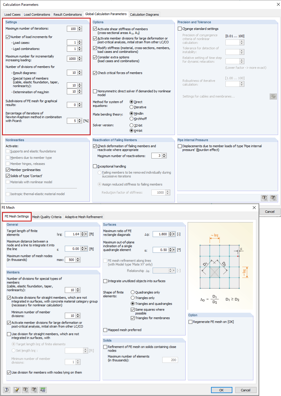 Settings of Calculation Parameters and FE Mesh Settings