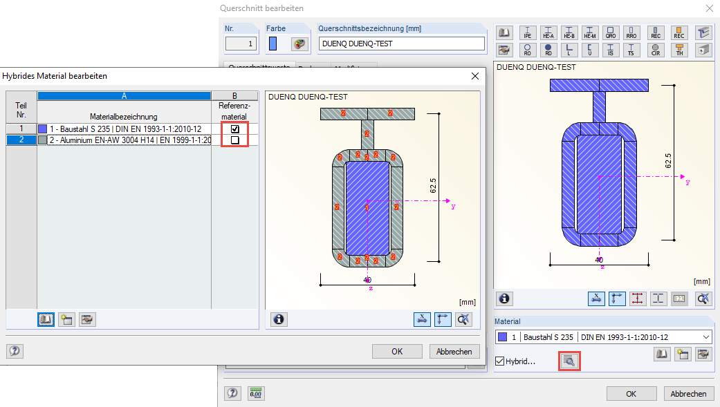 Determining Reference Material of Hybrid Cross-Section in RSTAB