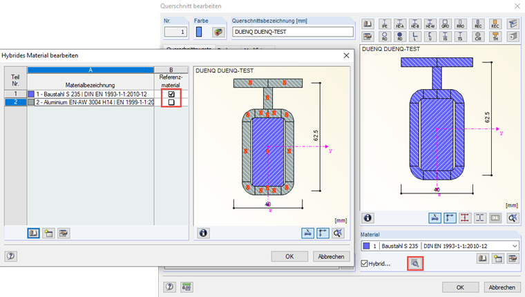 Determining Reference Material of Hybrid Cross-Section in RSTAB