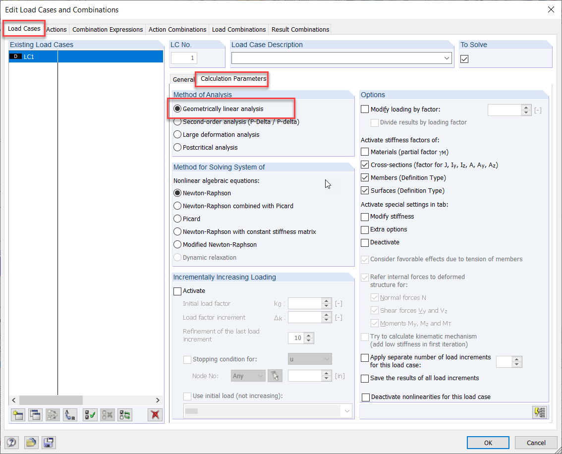 Default Setting of Calculation Parameters for Load Combination