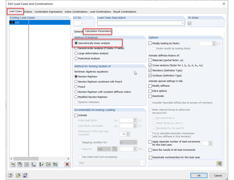 Default Setting of Calculation Parameters for Load Combination