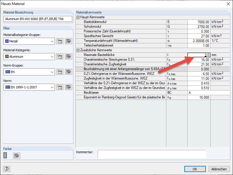 Modifying Maximum Component Thickness of Material