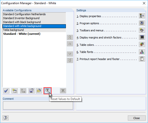 Resetting Settings of Selected Configuration to Default Values 