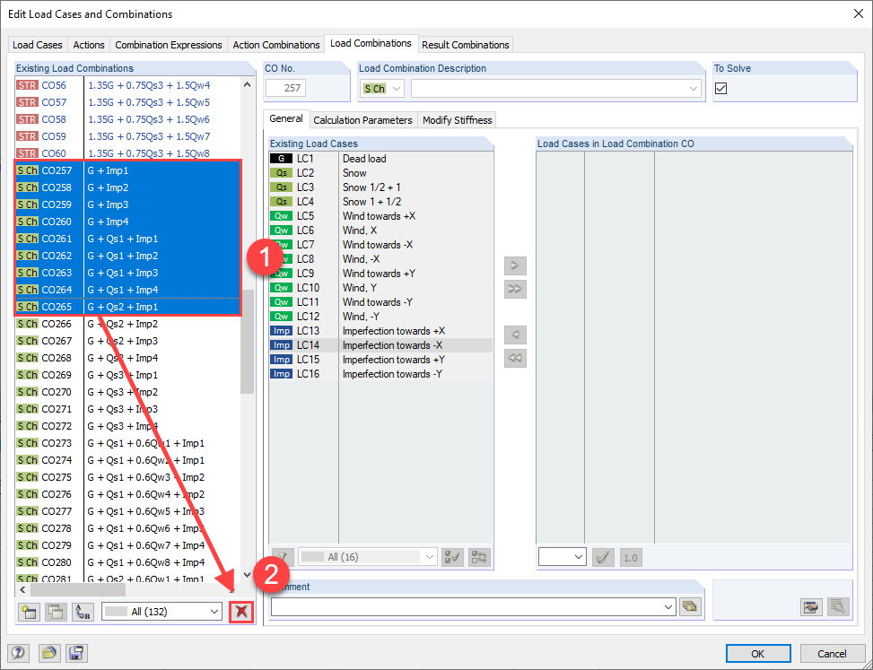 Editing Load Cases and Combinations: Selecting Load Combinations (1) and Deleting (2)