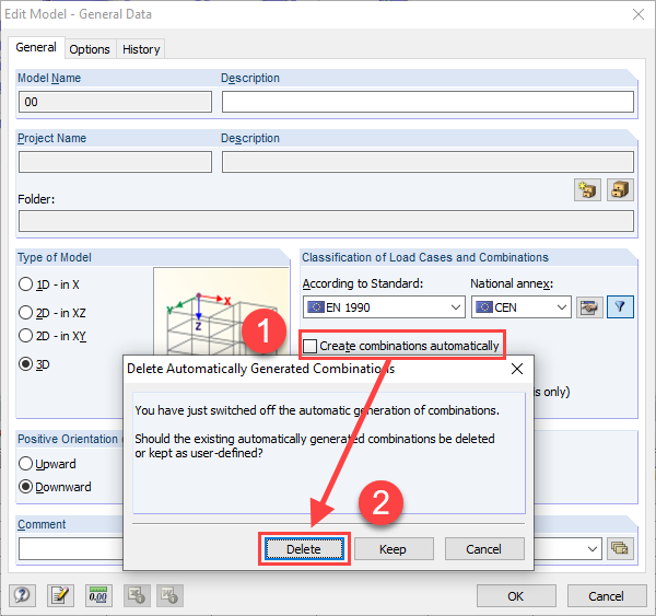 Editing General Data of Model: Deactivate Check Box "Create Combinations Automatically" (1) and Delete it (2)