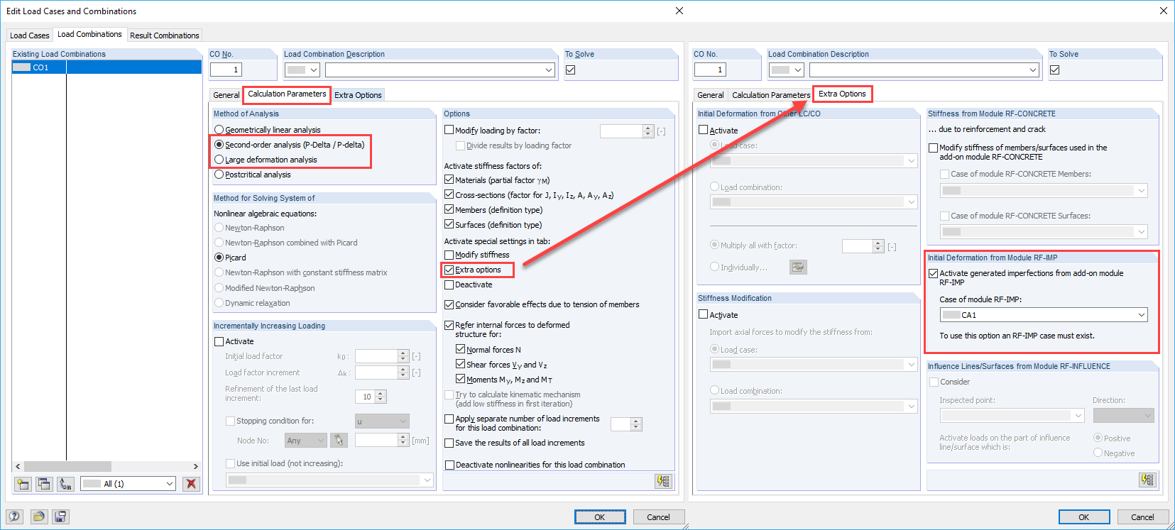 Settings in Load Combinations