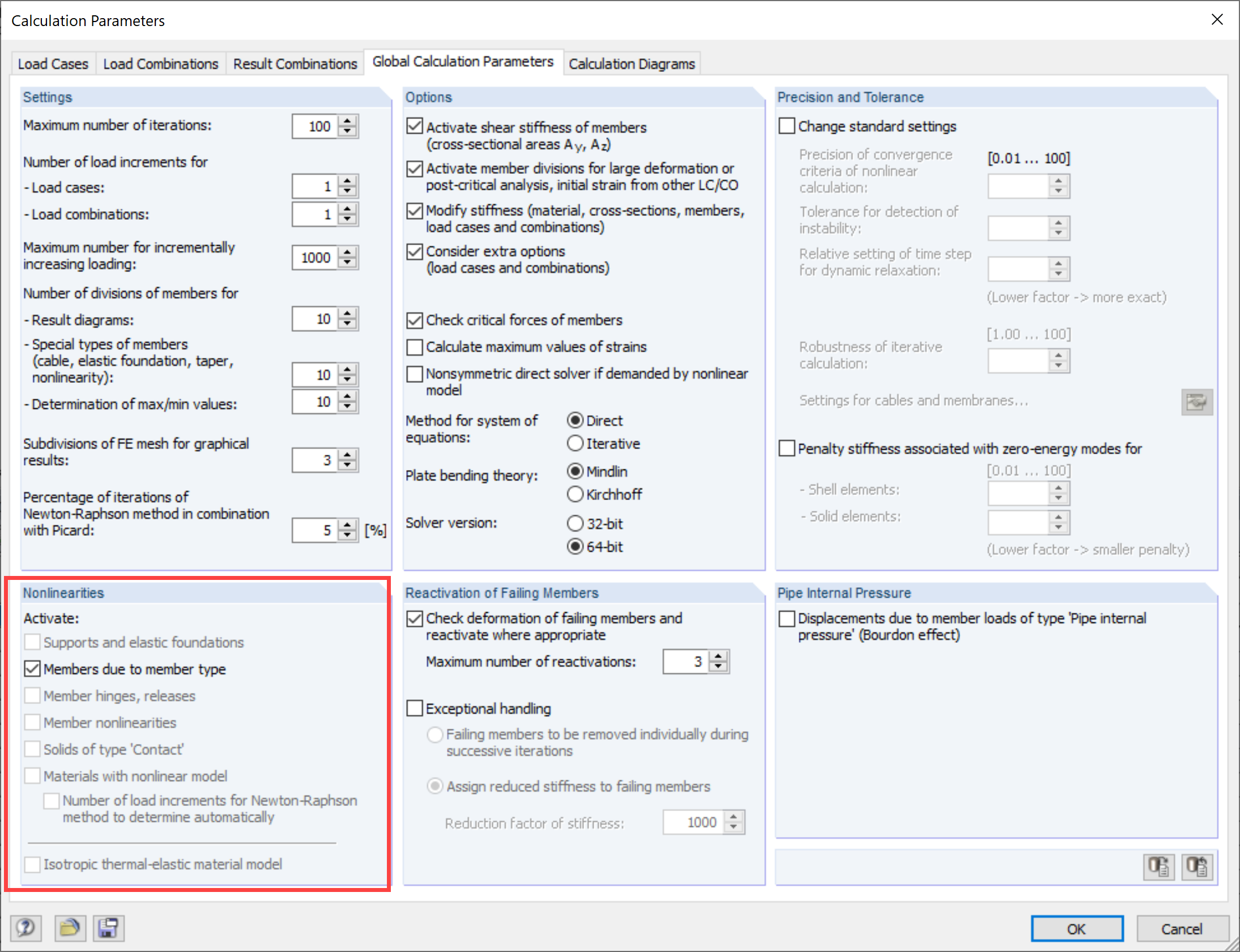 Calculation Parameters with Nonlinearities in Entered Structure