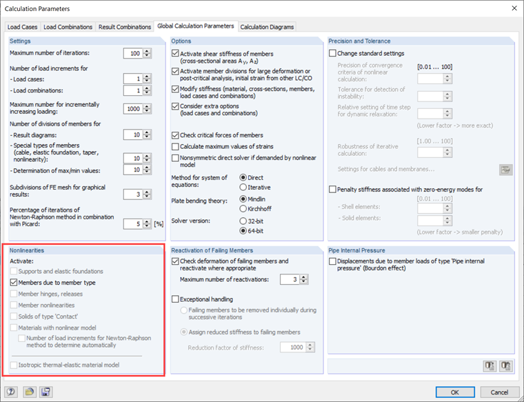 Calculation Parameters with Nonlinearities in Entered Structure