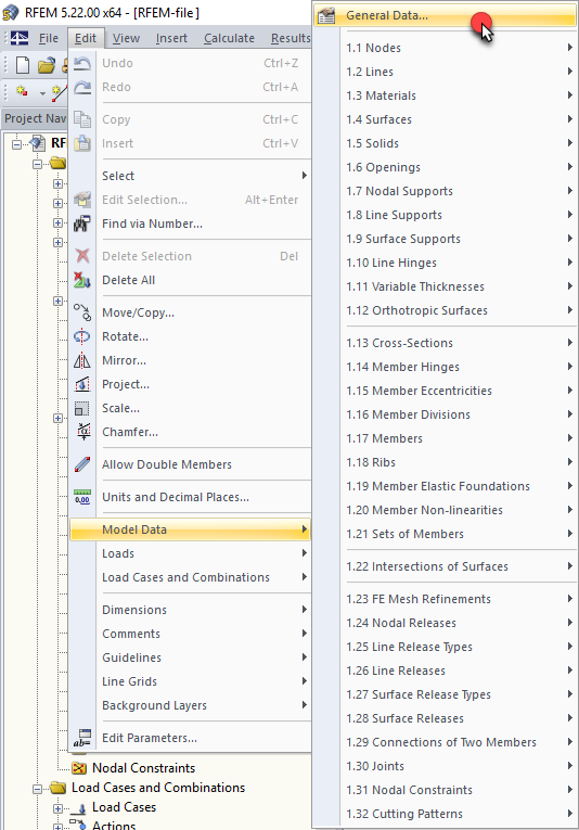 Opening General Data via Edit Menu